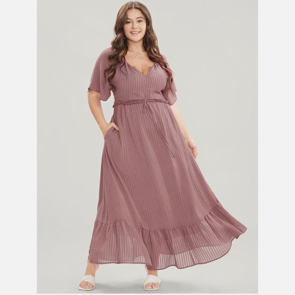 Bloomchic Plus Size Solid Striped Notched Ties Up Pocket Flutter Maxi Dress Pink - Picture 5 of 7